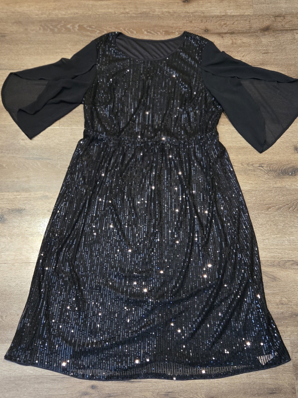 BloomChic Black Sequin Midi Dress with Chiffon Cape Sleeves - Picture 2 of 6